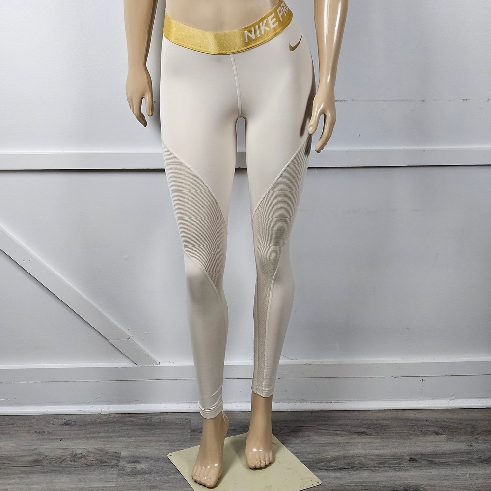 Nike Pro Dri-FIT Womens Leggings Cream Gold Metallic Waistband Mesh Panels Small - Picture 4 of 8